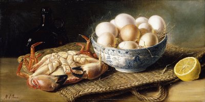 A Crab and a Bowl of Eggs on a Basket, with a Bottle and Half a Lemon by Mary E. Powis