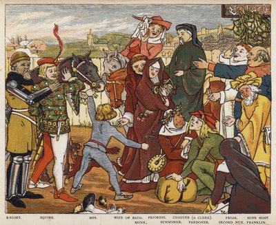 Geoffrey Chaucer, The Canterbury Tales, The Pilgrims leaving The Tabard Inn by Mary Eliza Haweis