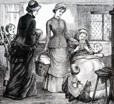 A woman giving gifts to a poor cottager by Mary Ellen Edwards