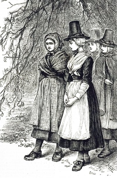 An engraving depicting Welsh girls at a Hollantide Fair, a hiring fair, waiting to be engaged as domestic servants. Illustrated by Mary Ellen Edwards by Mary Ellen Edwards
