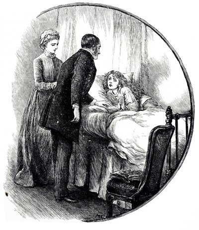 An engraving depicting a doctor visiting his young patient at home. Illustrated by Mary Ellen Edwards by Mary Ellen Edwards