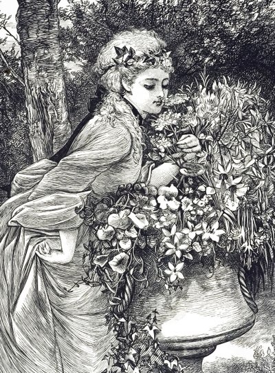 Engraving of a Young Girl Smelling Flowers by Mary Ellen Edwards