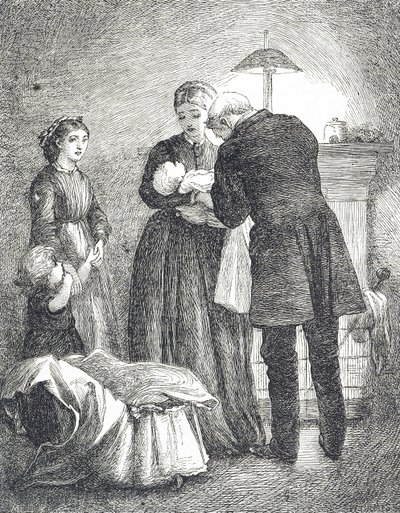 Engraving of a Doctor Examining a Baby with Measles by Mary Ellen Edwards