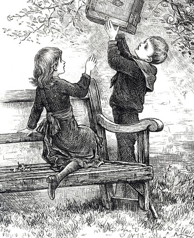 Engraving Depicting Children with Their Pet Sparrow in Its Cage by Mary Ellen Edwards