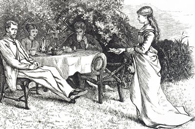 Illustration depicting a family taking breakfast in the garden by Mary Ellen Edwards