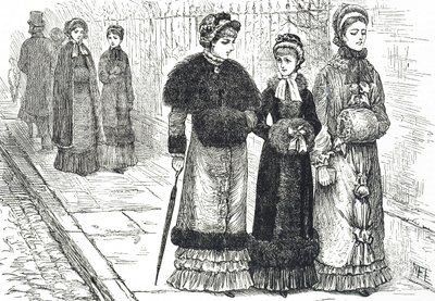 Illustration depicting young women with muffs, to keep their hands warm during the colder weather by Mary Ellen Edwards