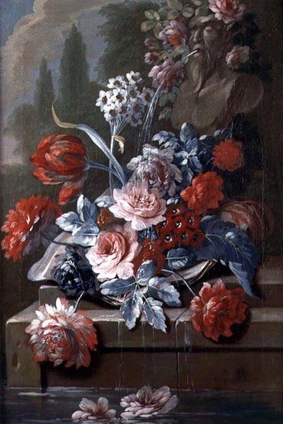 Still Life of Flowers by a Fountain by Mary Moser