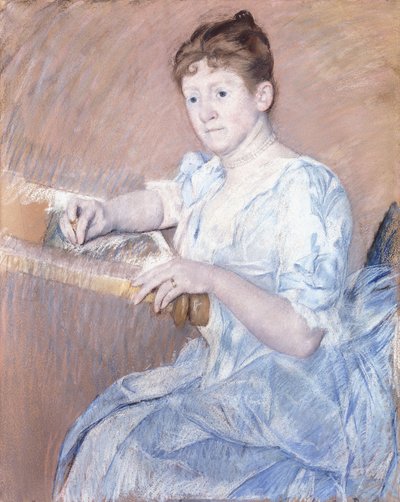 Mrs. Alexander J. Cassat in a Blue Evening Gown Seated at a Tapestry Frame by Mary Cassatt