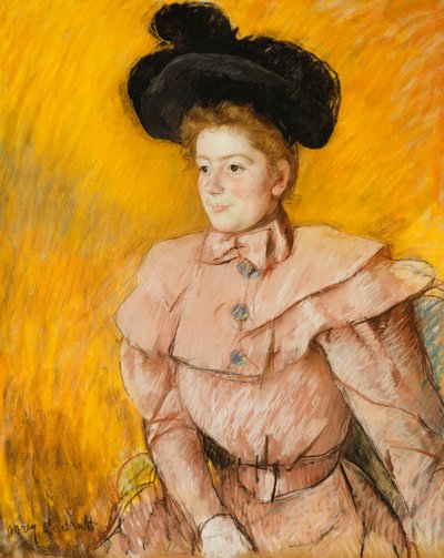 Woman in a Black Hat and a Raspberry Pink Costume by Mary Cassatt