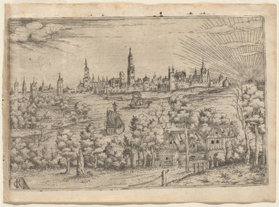 View across a River to a Walled City at Sunset by Master CR