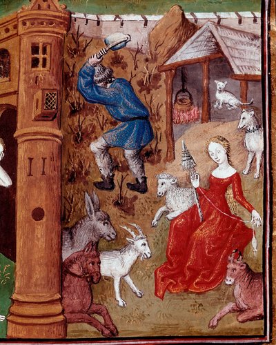 Representation of Adam picking the earth and Eve spinning the wool after being expelled from the earthly Paradise. Miniature taken from Des cas des nobles hommes et femmes infortunes (De casibus) by Giovanni Boccaccio (Jean Boccace) by Master Dunois