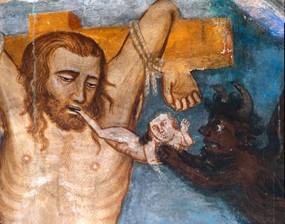 The Unrepented Thief, Crucified with Jesus, His Soul is Torn from His Mouth by a Demon by Master Trecentesco of Sacro Speco School