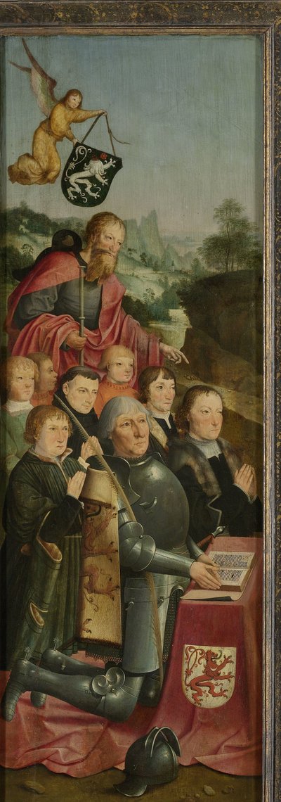 Memorial Panel with Eight Male Portraits, probably Willem Jelysz van Soutelande and Family, with Saint James the Greater and the Van Soutelande Family Crest, inner left wing of an altarpiece by Master of Alkmaar