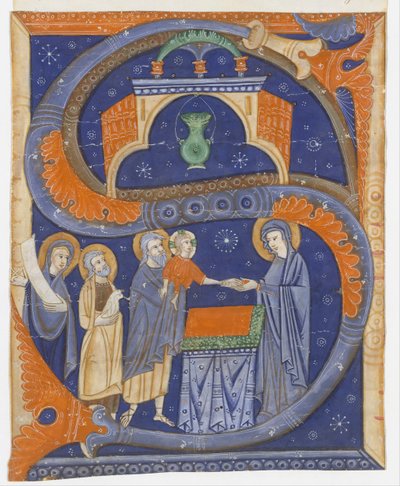 Manuscript Illumination with the Presentation of Christ in the Temple in an Initial S by Master of Bagnacavallo
