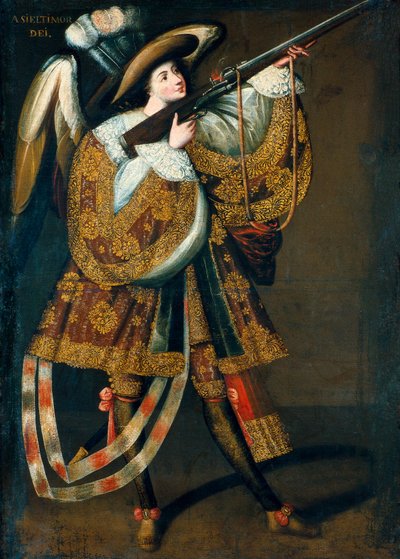 The Arquebusier Angel, part of a series of paintings by the Master of Calamarca by Master of Calamarca
