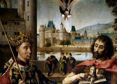 Crucifixion Christ on the cross surrounded by Saint John the Baptist, Saint Denis, Charles I the Great (Charlemagne), Louis IX (Saint Louis), Sainte Madeleine, Sainte Marthe (detail) by Master of Dreux Bude (active c.1425 d.1450)