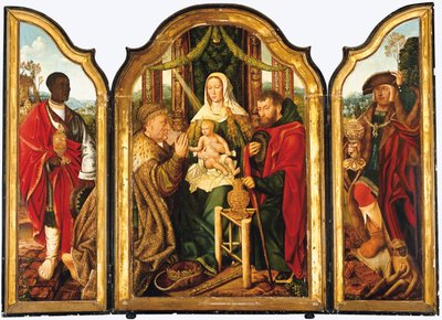 The Holy Family with Melchior offering gold to the Christ Child by Master of Frankfurt