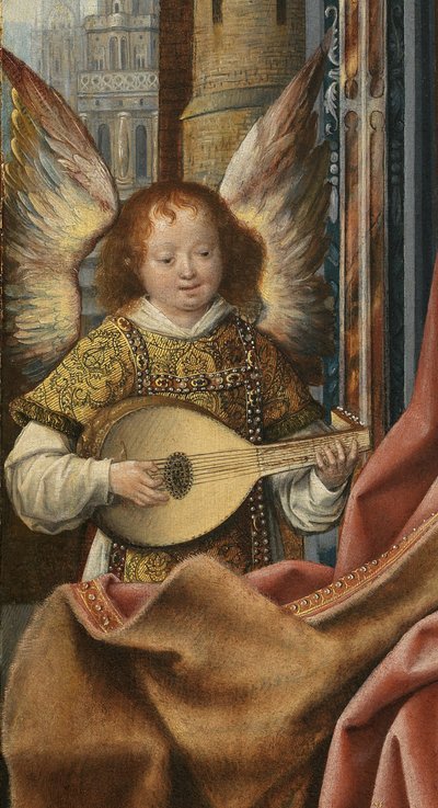 Triptych of the Holy Family with Music Making Angels (detail) by Master of Frankfurt