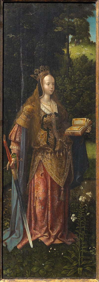 Saint Catherine. Holy Family with Angels and Saints Catherine and Barbara Triptych by Master of Hoogstraeten