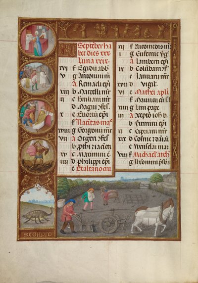 September Calendar Page; Plowing and Sowing; Scorpio by Master of James IV of Scotland