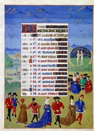 May: the courtiers walk. Illuminated manuscript page taken from Book of Hours of the Duchess of Burgundy, Adelaide of Savoy by the Master of Adelaide of Savoy and the Master of Jean Rolin by Master of Jean Rolin II