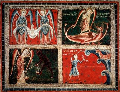 The Archangels Raphael, Michael, and Gabriel by the Master of Llussa (1220-1250). From the Monastery of Santa Maria de Lluca, Spain. Museu Nacional d