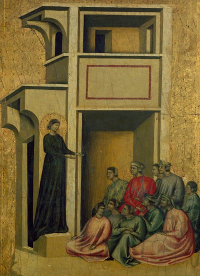 St. Cecilia speaks to group of people, scene from Santa Cecilia and eight episodes of her life by Master of Saint Cecilia