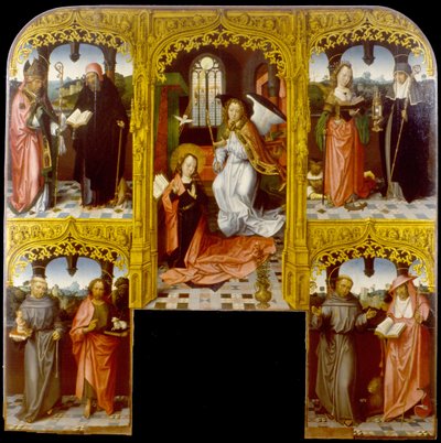 The Annunciation with Saint Lazarus and Antony Abbot, Catherine of Alexandria and Chiara, Anthony of Padua and John The Baptist, Francis and Jerome by Master of Saint John the Evanglist