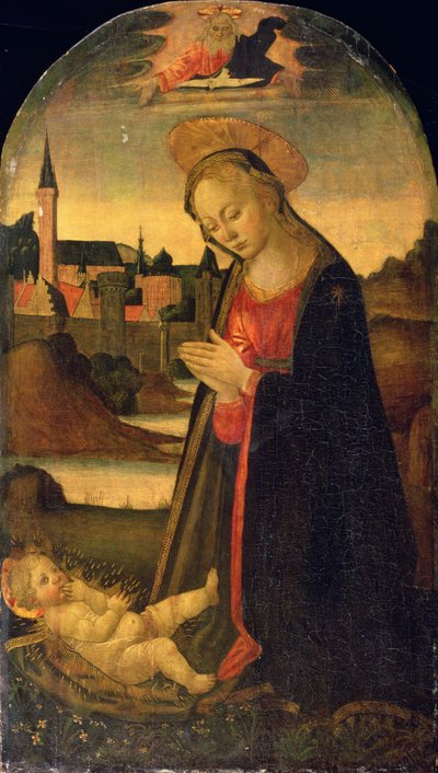 The Madonna Adoring the Child, A Town on a River beyond, c.1478 by Master of San Miniato