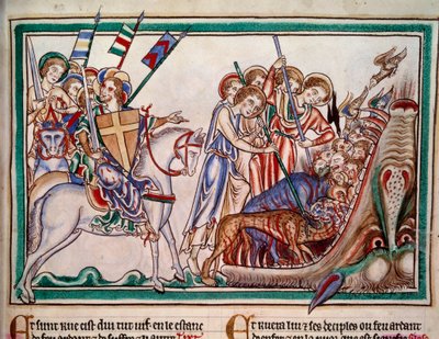 The Lord and His Army Precipitating the Beast and His Worshippers in Hell. Miniature from Manuscript 