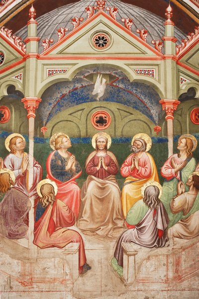 The Pentecost (detail with praying saints and Virgin Mary, and the dove), c.1420 by Master of Vignola