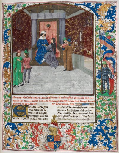 Edward IV enthroned, wearing the order of the Golden Fleece, receiving the book from Jean Wavrin, from 