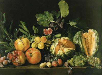 Pomegranates, Melons, Grapes, Peaches, Figs and Other Fruits on a Stone Ledge by Master of the Acquavella Still Life