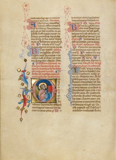 Initial O: The Angel of Saint Matthew Holding Up His Gospel by Master of the Brussels Initials