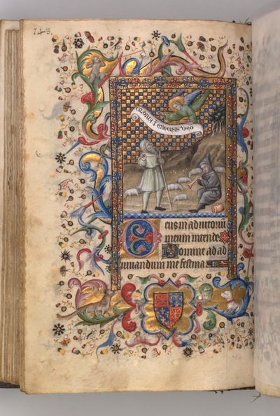 Hours of Charles the Noble, King of Navarre 1361-1425: Annunciation to the Shepherds (verso) by Master of the Brussels Initials and Associates