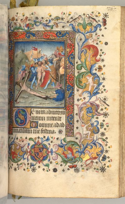 Hours of Charles the Noble, King of Navarre 1361-1425: fol. 179r, Christ Nailed to the Cross, c. 1405 by Master of the Brussels Initials and Associates