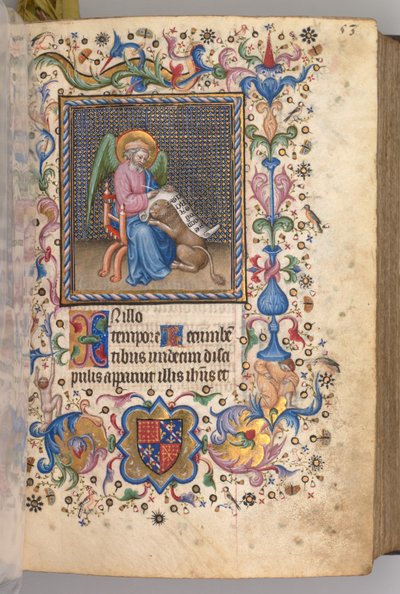 Hours of Charles the Noble, King of Navarre 1361-1425: fol. 27r, St. Mark by Master of the Brussels Initials and Associates