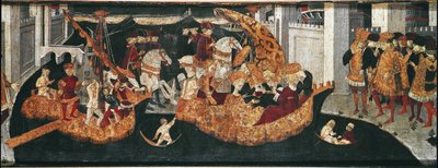 Pericone welcoming Alatiel, daughter of the Sultan of Babylon, on his island by Master of the Cassoni