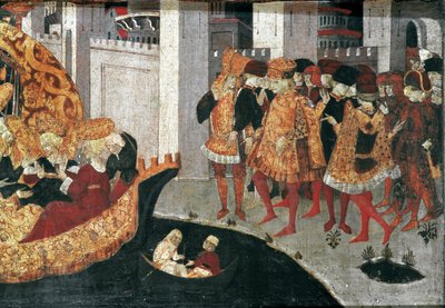 Decameron by Boccaccio: the Chatelain Pericone welcomes Alatiel, daughter of the sultan of Babylon Beminedab and her suite on the island of Mallorca by Master of the Cassoni