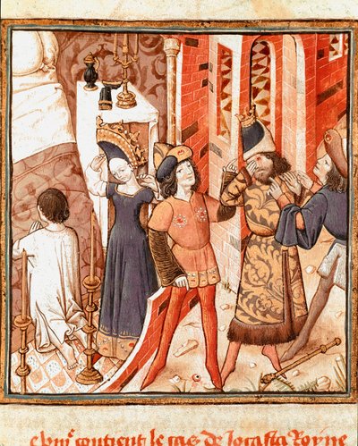 Legend of Jocasta, Queen of Thebes. Oedipus, blind, after realizing he killed his own father. Miniature of the Master of the Champion of Ladies (15th century) from the manuscript 