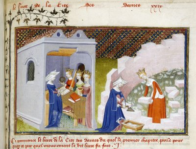 Detail of a miniature of Christine before the personifications of Reason, Rectitude and Justice and Christine with Reason building the Cité des Dames by Master of the Cité des Dames