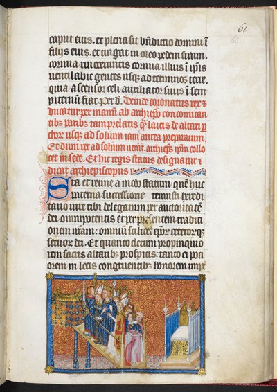 The Peers of France leading the King to the throne on the solium, from 