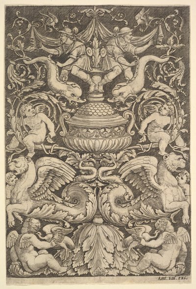 A panel of ornament with a large jar in centre, putti and other figures, 1530-60 by Master of the Die