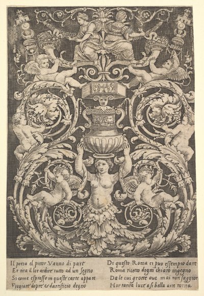A panel of ornament with a woman holding a vase in centre by Master of the Die