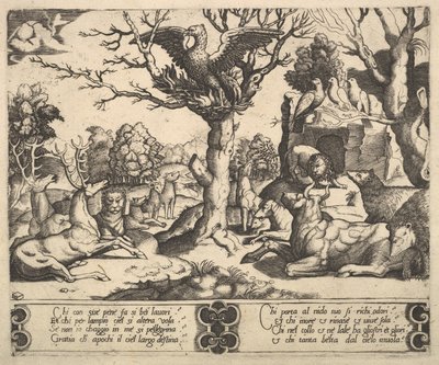 A Phoenix Sat Atop a Tree, Wings Open, an Assortment of Animals Below by Master of the Die