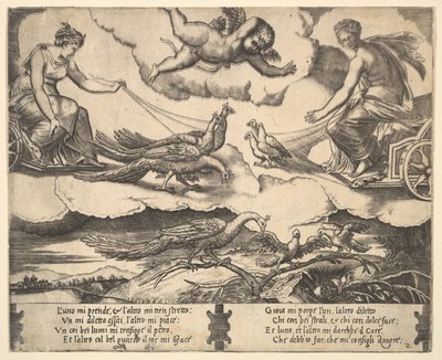 Allegory of Marriage and Love, Juno in a Chariot Drawn by Peacocks at Left, Venus, 1530-60 by Master of the Die