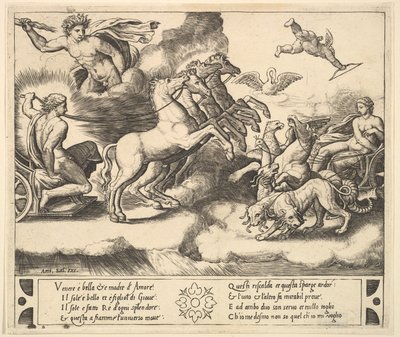 Apollo in His Horse-Drawn Chariot at the Left, Above Him Jupiter Hurls a Thunderbolt by Master of the Die