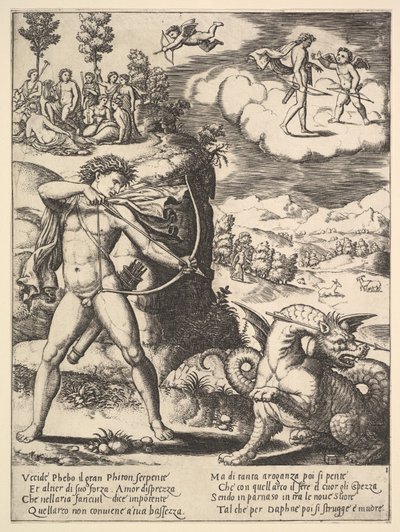Apollo standing at left shooting a python with an arrow, above to the left are the muses, 1530-60 by Master of the Die
