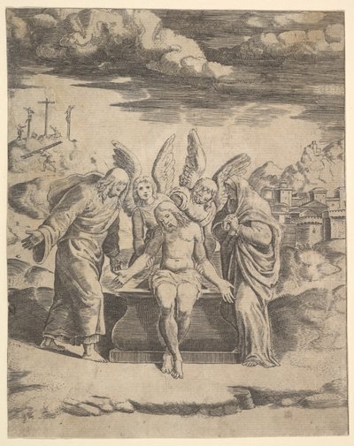 Christ seated on the tomb supported by angels, 1530-60 by Master of the Die