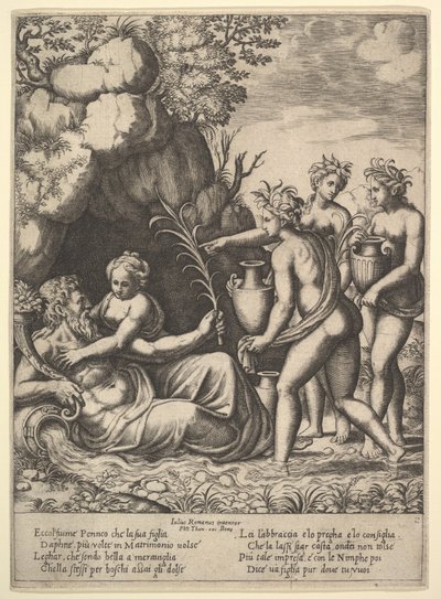 Daphne Embracing Her Father, the River-God Peneus, at the Left Three Nymphs Bring Jars, 1530-60 by Master of the Die